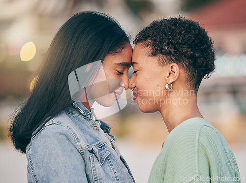 Image of Lesbian, love and intimate couple outdoor, bonding and romance on date together. Happy, gay women and forehead touch for care, commitment and loyalty, trust and support for lgbtq, queer or homosexual