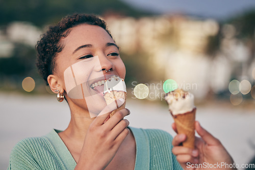 Image of Woman, eating ice cream and beach with smile, thinking and memory for sweets, treat and cone on summer vacation. African girl, gelato and happy for dessert, food or candy by ocean for holiday outdoor