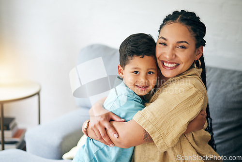 Image of Portrait, family home and happy kid hug mom for support, motherhood care and connect in Brazil apartment. Love, sweet and hugging mama, child or people relax, embrace and enjoy quality time together