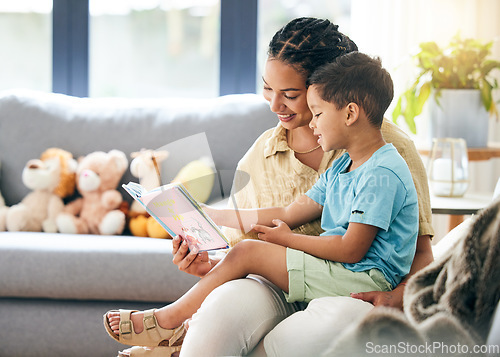Image of Book, reading and mother with kid in living room for storytelling on sofa of happy home, teaching and bonding fun. Love, learning and mom with child, fantasy story on couch and quality time together.