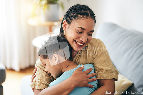 Image of Home, hug and happy family mom, kid and bonding, support and love for young son on lounge couch. Smile, connect and hugging mama, child or people enjoy quality time together for Mothers Day care