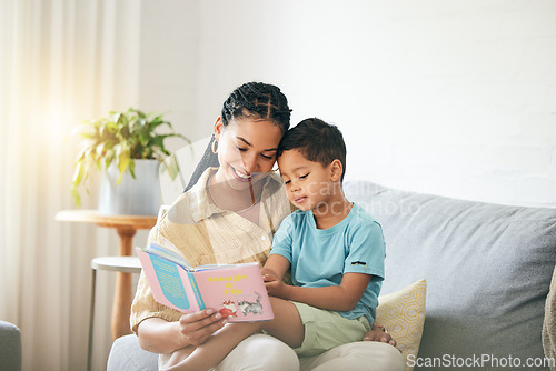 Image of Book, reading and mom with child on sofa for storytelling in living room of happy home, teaching and bonding fun. Love, learning and mother with kid, fantasy story on couch and quality time together.