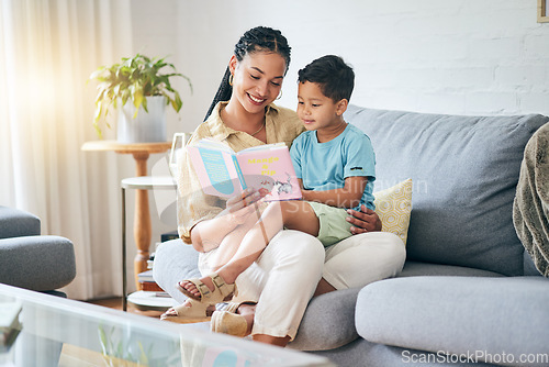Image of Book, reading and mother with kid on sofa for storytelling in living room of happy home, teaching and bonding fun. Love, learning and mom with child, fantasy story on couch and quality time together.
