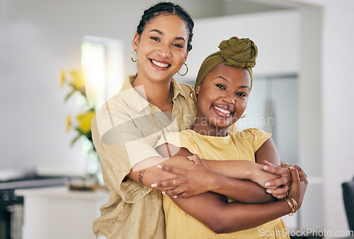 Image of LGBT, love and couple hug, happiness and smile for home bonding, support and enjoy quality time together. Romance, embrace and happy gay people, bisexual partner or lesbian women connect in apartment