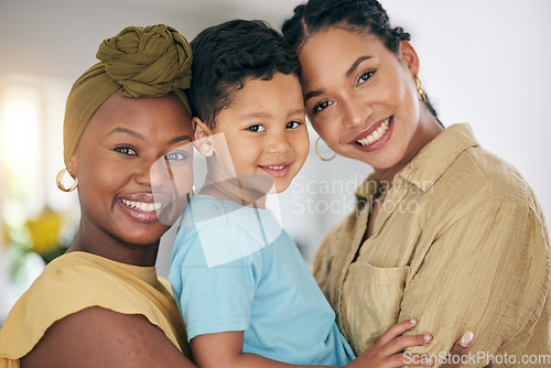 Image of LGBT, child or happy portrait of family, non binary partner or transgender mom enjoy quality time together. Love bond, home or face of gay people, homosexual mothers or lesbian women hug adoption kid