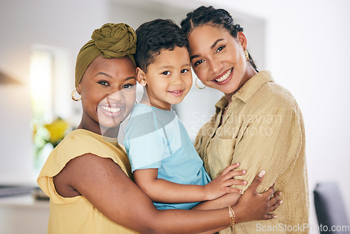 Image of LGBT, child hug or portrait of happy family, non binary mama or transgender mom bonding, smile and care for young son. Lesbian love, home and face of gay people, mothers or women embrace adoption kid