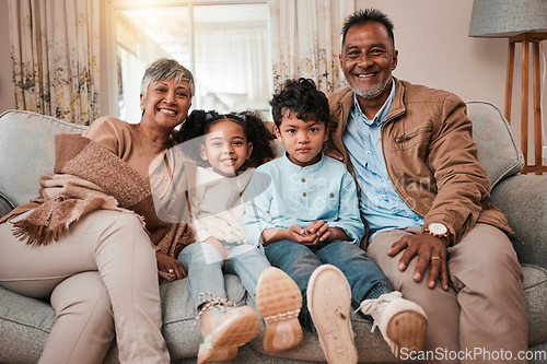 Image of Family, grandparents and grandkids smile in portrait, bonding with love and care at home. Old man, woman and children in living room, relax on sofa with happiness, weekend with youth and retirement
