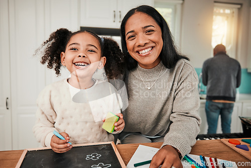 Image of Learning, home and portrait of mother help child with homework for homeschool lesson, project or assignment. Smile, happy and parent or mom support kid with education, development and studying