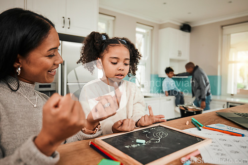 Image of Learning, math and mother counting with child for homework for homeschool lesson, project or assignment. Smile, happy and parent or mom support child with education, development and studying together