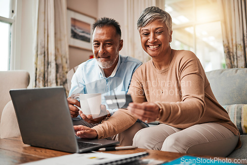 Image of Senior couple, credit card and laptop for home online shopping, payment and fintech, savings or loan. Happy elderly woman and man with debit, banking investment and finance or e commerce on computer