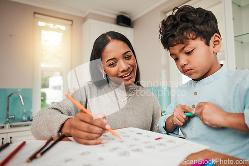 Image of Signal parent, teaching and mother help child with homework for homeschool lesson, project or assignment. Writing, learning and mom support kid with education, development and studying together