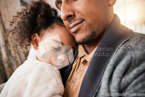 Image of Father, girl and hug in home, sleeping and love, care and bonding together. Dad, child and embrace in living room for trust, support and family time to relax with tired kid and lens flare in house