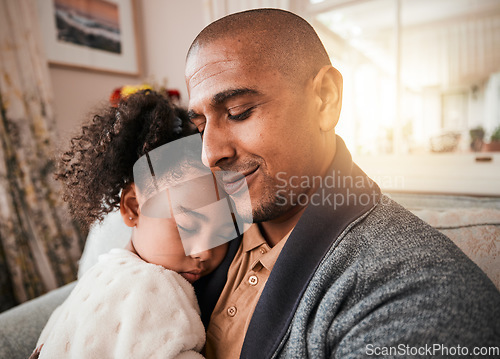 Image of Father, girl and hug in home living room for love, care and bonding together. Dad, child and embrace in lounge for trust, support and family time to relax, tired kid sleep and happy with lens flare