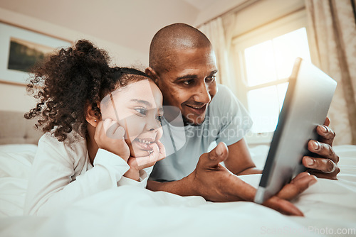 Image of Father, girl and child with tablet in bedroom for online games, reading ebook story and watch multimedia. Man, dad and happy kid streaming cartoon, movies and digital technology in morning at home