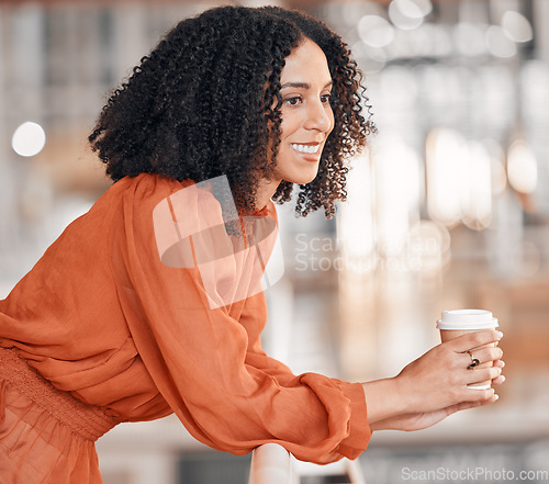 Image of Thinking, business woman and coffee at work with focus, positive mindset and pride in office. Profile of happy african female entrepreneur with cup to dream of opportunity, idea and vision for career