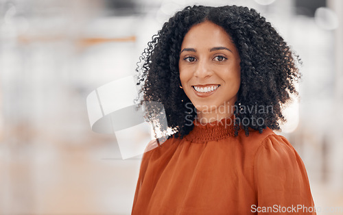 Image of Portrait, business and woman with a smile, career ambition and confidence with consultant, happy or entrepreneur. Face, female person or employee with mockup space, corporate or Jamaican professional