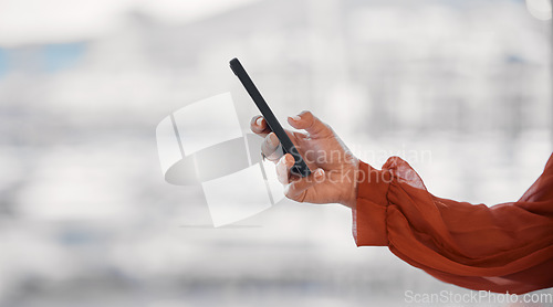 Image of Closeup hand, phone and email of a person for business, social media or online app on bokeh. Office, mockup space and an employee or worker with a mobile for a contact, web news or cellphone typing