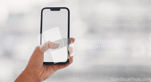 Image of Person hands, phone screen and mockup on social media, online scroll and Web 3.0 ui or ux design space. Business FAQ, information and contact on mobile technology for job search and marketing on blur