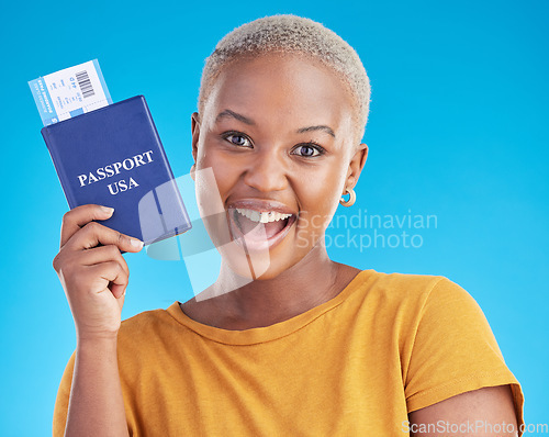 Image of Black woman, happy with passport and plane ticket, excited about travel to USA in portrait on blue background. Adventure, boarding pass and documents for journey, female person with smile in studio