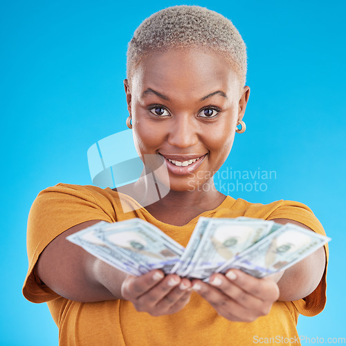 Image of Money, offer and happy woman in portrait for success, cash and lottery choice on blue background. Face, investment and rich african person or winner with bonus, cashback and financial loan in studio
