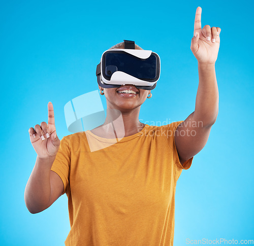 Image of Black woman, metaverse and virtual reality, screen with future technology and 3D on blue background. User experience, VR goggles and female person press, digital world and gaming software in studio