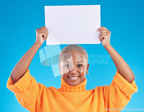Image of Black woman in portrait, poster and presentation advertising and announcement on blue background. Female ambassador, show sign and news broadcast, billboard and information card with mockup space
