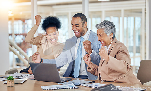 Image of Celebrate, success and business people on laptop in office for online bonus, winning and achievement. Corporate, teamwork and excited man and women on computer for meeting, promotion and victory