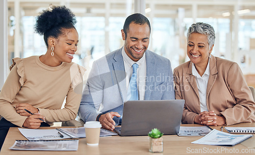 Image of Business people, team and meeting at laptop for advice, company update and planning data on software to review research. Diversity, corporate group and happy office employees working on computer tech