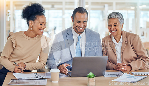 Image of Happy business people, team and laptop discussion for advice, company update and planning ideas to review data online. Diversity, corporate group and office employees in collaboration on computer