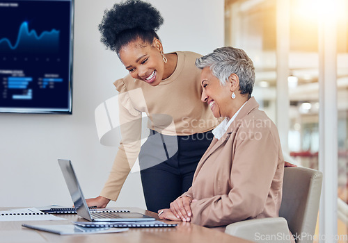 Image of Business women, laptop and reading together for analysis, progress and success with finance, crypto or trading. Senior CEO, financial advisor and computer in office for investment, coaching or ideas