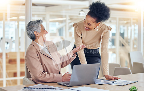 Image of Business people, laptop and happy support, advice or teamwork, collaboration and funny marketing meme. Manager, clients or professional woman on computer for online project and coworking meeting