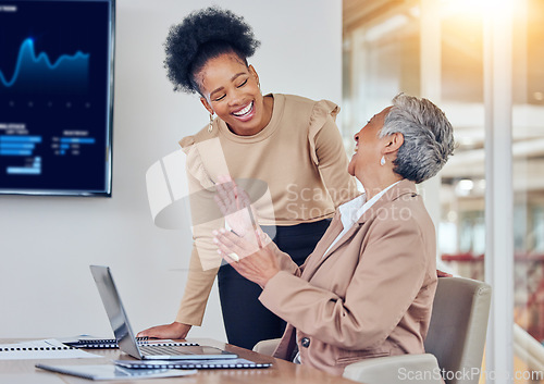 Image of Business women, laptop and happy together for analysis, results and comic joke with finance, crypto or trading. Senior CEO, financial advisor and computer at desk for investment, coaching or laughing