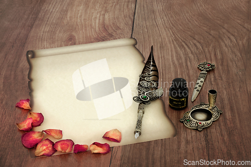 Image of Parchment Paper Scroll with Rose Petals for Love Letter