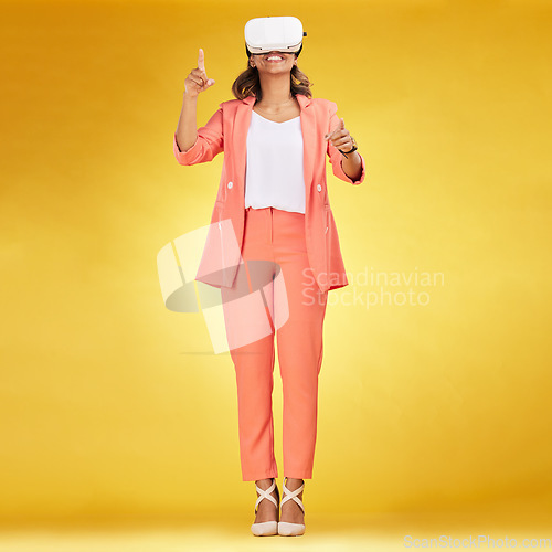 Image of VR, glasses and woman in studio for cyber innovation, digital world or user experience in metaverse. Happy model, virtual reality and future of high tech media, gaming or fantasy on yellow background