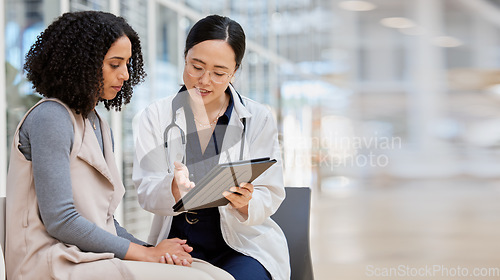 Image of Doctor, woman patient and tablet for consulting with results, medical info and talk for healthcare with mockup space. Japanese medic, digital touchscreen or show video for surgery, wellness or advice