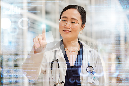 Image of Doctor, woman and medical screen hologram, biometric data and healthcare dashboard in futuristic technology. Professional asian person press, fingerprint and clinic research or health results overlay