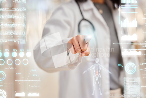 Image of Doctor, hands and medical screen hologram, biometric data and healthcare dashboard for futuristic technology. Professional person press, fingerprint and anatomy research, results and clinic overlay