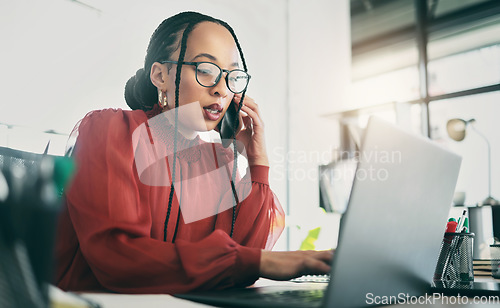 Image of Phone call, laptop and business woman in office for planning, schedule and planning. Calendar, networking and administration with female employee in agency for communication, technology or connection