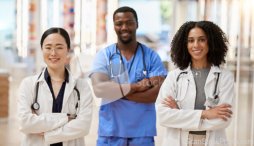 Image of Medical group, doctors and portrait for hospital service, healthcare and teamwork with clinic diversity. Professional medical people, women or nurses in internship, health management and arms crossed