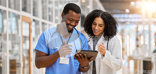 Image of Tablet, happy collaboration or doctors reading healthcare results, clinic success info or medicine report. Hospital services, analysis and medical nurse, surgeon or people partnership on research job