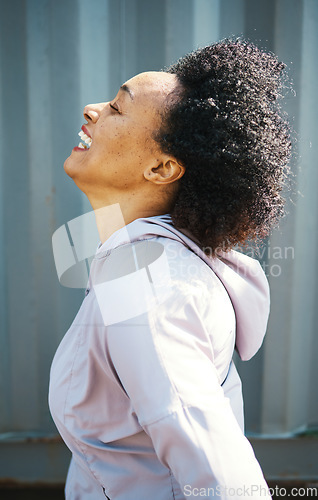 Image of Breathe, fitness and happy black woman in city for exercise, training and workout in morning. Sports, freedom and face of person relax after running for healthy body, wellness and fresh air outdoors