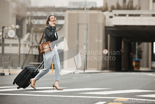 Image of Business travel, phone call and happy woman with luggage in city street, networking or work trip. Smartphone, conversation and lady on road crosswalk with suitcase for traveling appointment in London