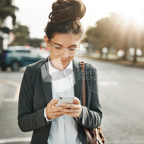 Image of Search, phone and business woman in city street for location, tracking and walking on urban road. Smartphone, social media and female online for map, networking and travel text communication