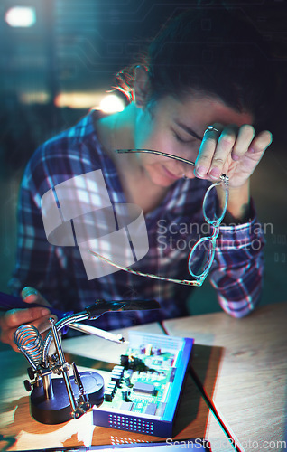 Image of Woman, technician and pc motherboard with electronics, circuit and tired with holographic overlay in lab. Information technology, maintenance and engineer with fatigue, hardware and system in night