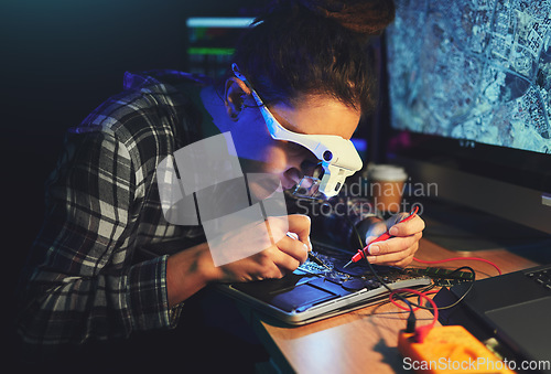 Image of Woman, technician and motherboard with circuit, electronics or soldering iron with goggles in laboratory. Information technology, maintenance and programming for future, hardware and system in night