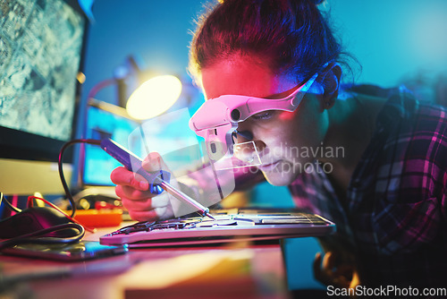 Image of Woman, computer motherboard and soldering iron for manufacturing, microchip and it development. Information technology, circuit board and electronics for engineering, hardware and system with tools