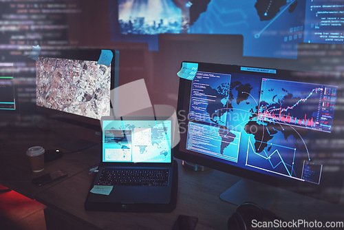 Image of Computer, location hacking and cybersecurity, hologram screen with software for futuristic technology in office. Data protection, overlay and dashboard tech, virtual reality map and satellite info.