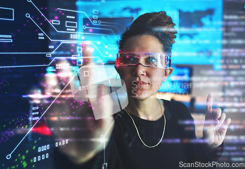 Image of Woman with cybersecurity, hologram button and glasses with vr, futuristic technology and location privacy. Data protection overlay, iot dashboard and research programmer with virtual reality goggles.