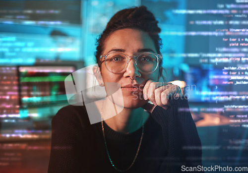 Image of Portrait of woman, coding and cybersecurity, hologram screen and agent with malware, futuristic technology and privacy. Data protection overlay, iot dashboard and programmer on virtual reality login