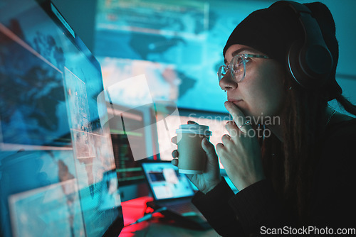 Image of Woman, hacker and computer with thinking, night and coffee for analysis, cyber crime and ideas with monitor. Information technology expert, screen and dashboard with ransomware with phishing for data